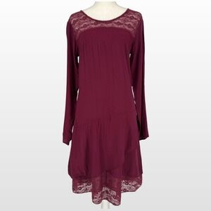 NWT Coline Long Sleeve Lace Trim Boho Dress M Wine Cottagecore Romantic Indie